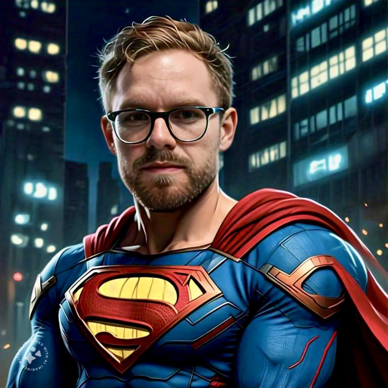 a man in a superman costume with the letter s on his chest