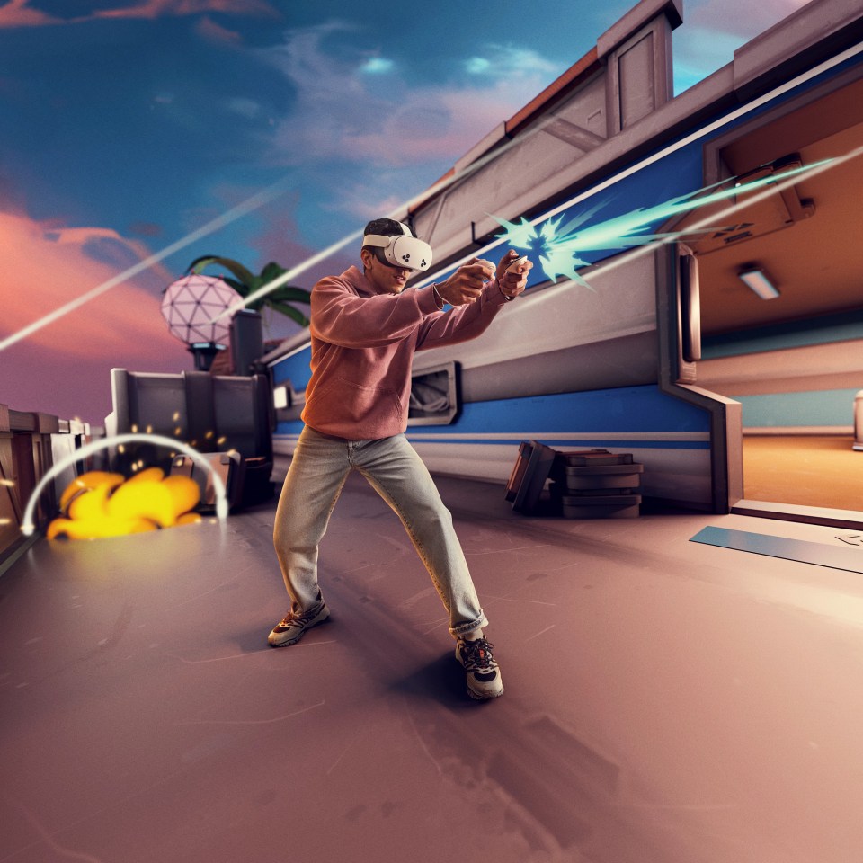 a man wearing a virtual reality headset is playing a video game