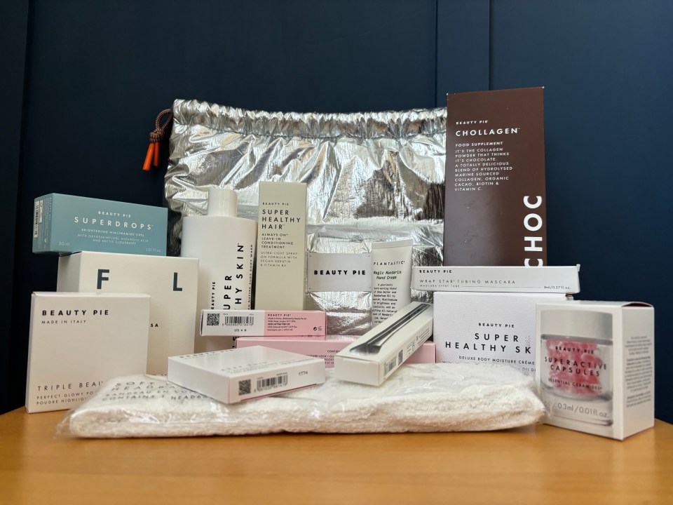 a collection of beauty pie products including super healthy hair