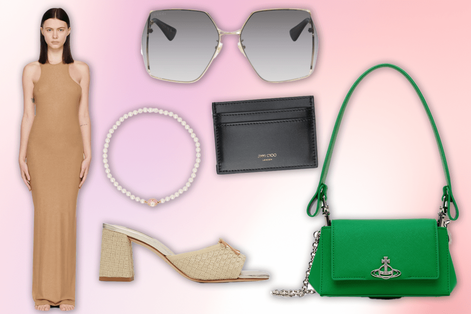 a woman in a tan dress is surrounded by various items including a jimmy choo wallet