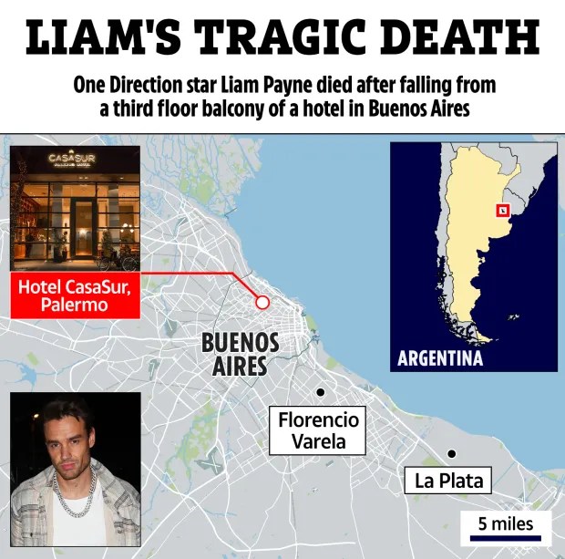 Map showing the location of the Hotel CasaSur in Palermo, Buenos Aires, Argentina, where Liam Payne died after falling from a balcony.