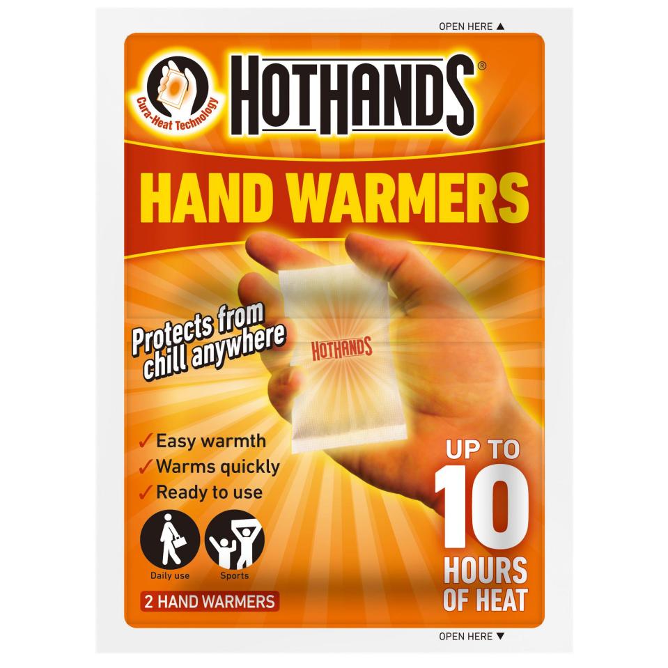 a package of hothands hand warmers that says up to 10 hours of heat