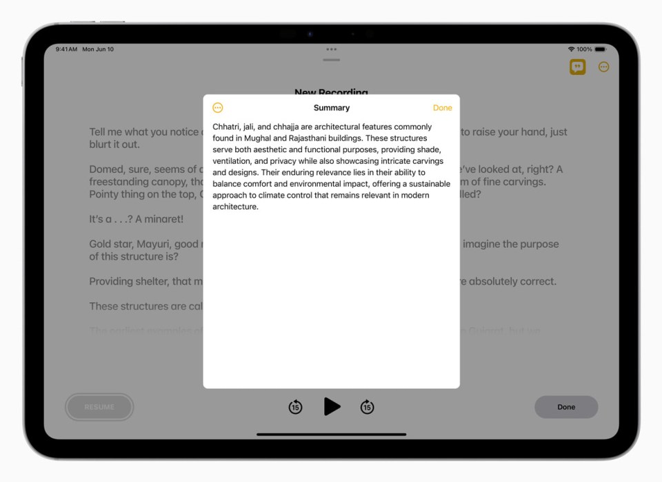 a summary is displayed on a tablet screen