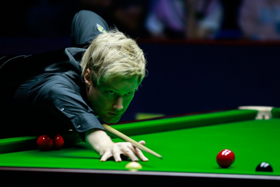 WUHAN, CHINA - OCTOBER 06: Neil Robertson of Australia plays a shot in the second round match against Jackson Page of Wales on day 1 of 2024 Wuhan Open (Snooker) at China Optics Valley Convention & Exhibition Centre on October 6, 2024 in Wuhan, Hubei Province of China. (Photo by Tai Chengzhe/VCG via Getty Images)