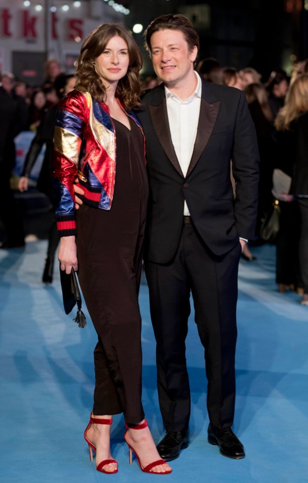 LONDON, ENGLAND - MARCH 17: Jools Oliver and Jamie Oliver arrive for the European premiere of 'Eddie The Eagle' at Odeon Leicester Square on March 17, 2016 in London, England.. (Photo by Julian Parker/UK Press via Getty Images)