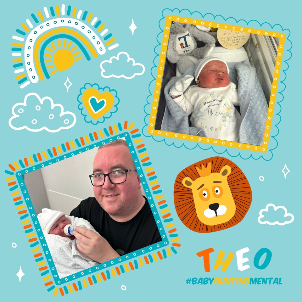 a picture of a man holding a baby and a picture of a baby with the name theo on it