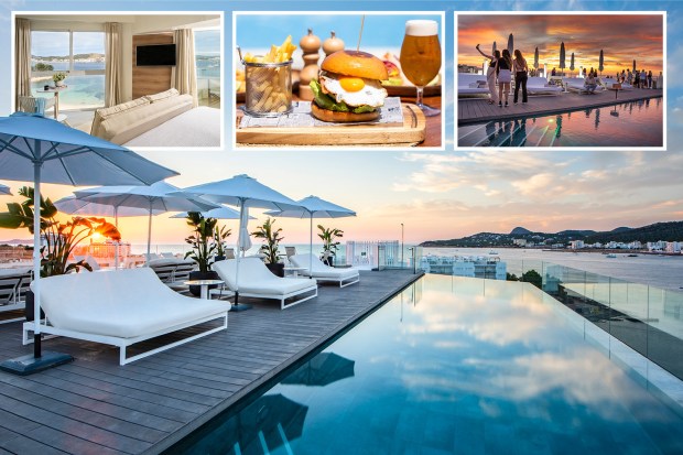 a collage of photos shows a hotel room a swimming pool and a hamburger