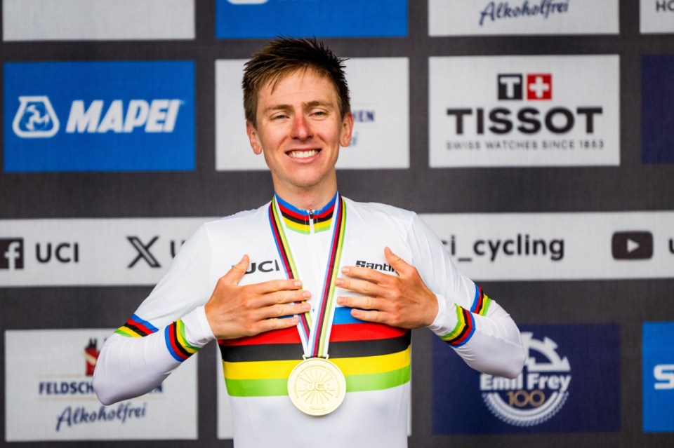 Mandatory Credit: Photo by REX/Shutterstock (14746339dj) Slovenian Tadej Pogacar celebrates on the podium after winning the elite men road race at the 2024 UCI Road and Para-Cycling Road World Championships, Sunday 29 September 2024, in Zurich, Switzerland. The Worlds are taking place from 21 to 29 September. Switzerland Cycling Worlds Road Race Men, Zurich, Switzerland - 29 Sep 2024