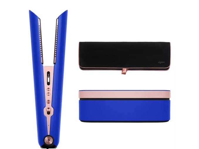 a blue dyson hair straightener with a black case