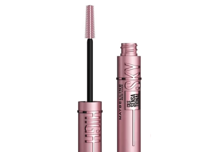 a bottle of maybelline sky high mascara on a green background