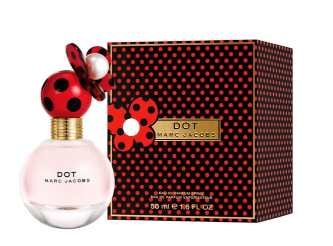 a bottle of dot marc jacobs perfume next to its box