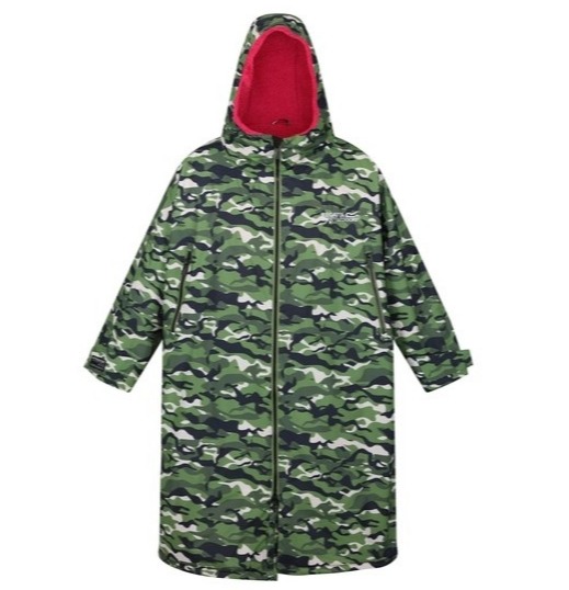 Camouflage hooded changing robe with pink lining.