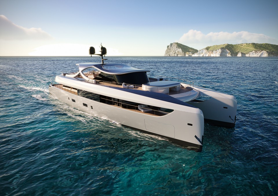 AI-powered catamaran superyacht, Solsea, sailing on the ocean.