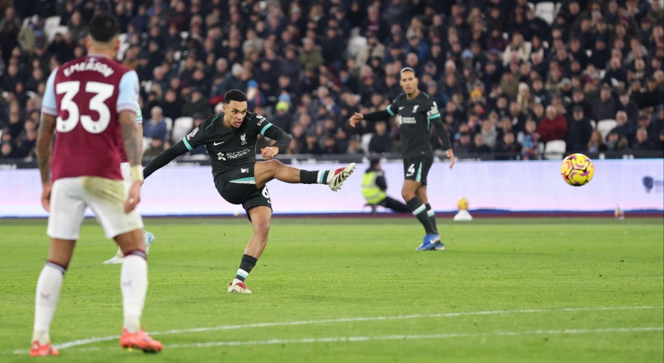 Trent Alexander-Arnold of Liverpool scoring a goal.