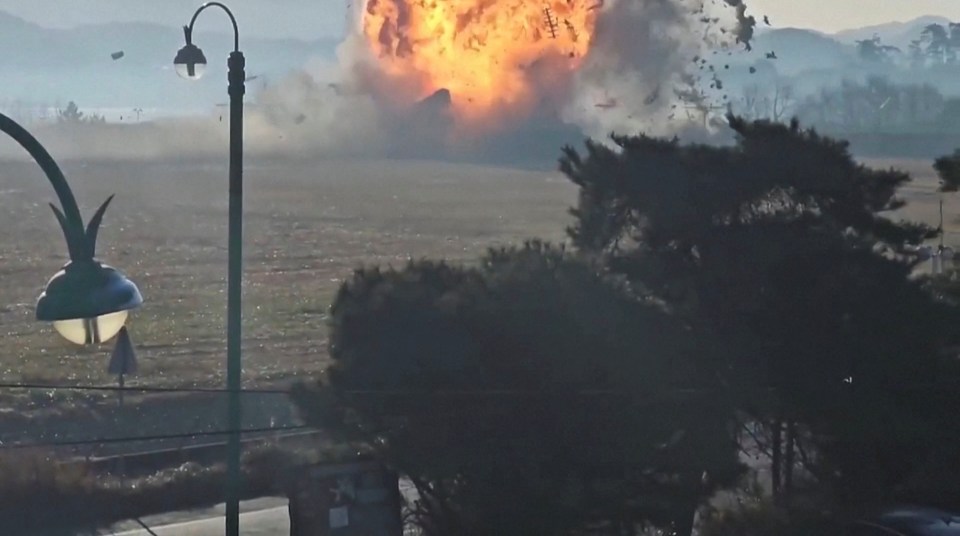 Jeju Air flight 7C2216 crashing and exploding on impact.