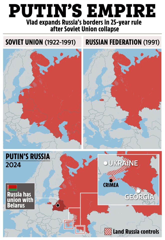 Map showing expansion of Russia's borders under Putin's rule from 1991 to 2024.