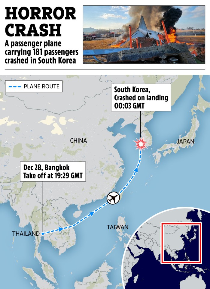 Map showing the flight path of a passenger plane that crashed in South Korea, killing 181 passengers.