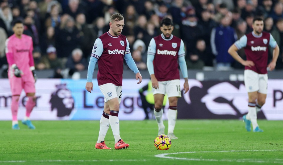 West Ham United's Jarrod Bowen looking dejected on the pitch.