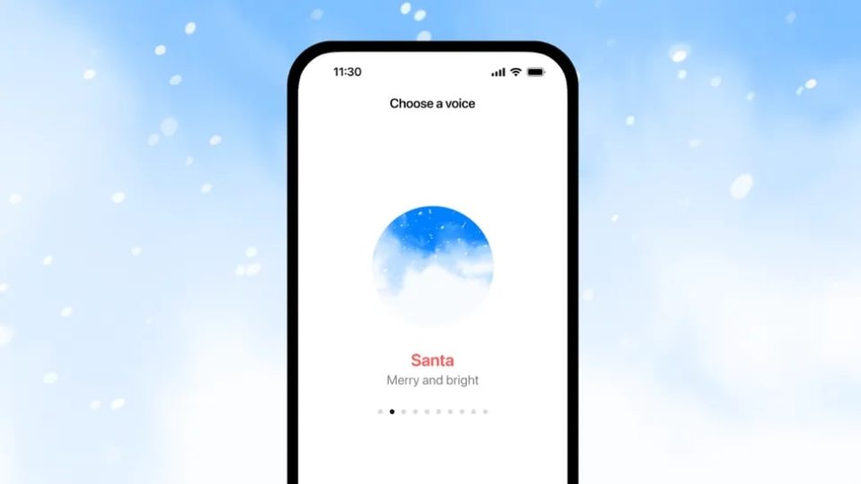 Smartphone screen showing a ChatGPT interface with a "Santa" voice option.