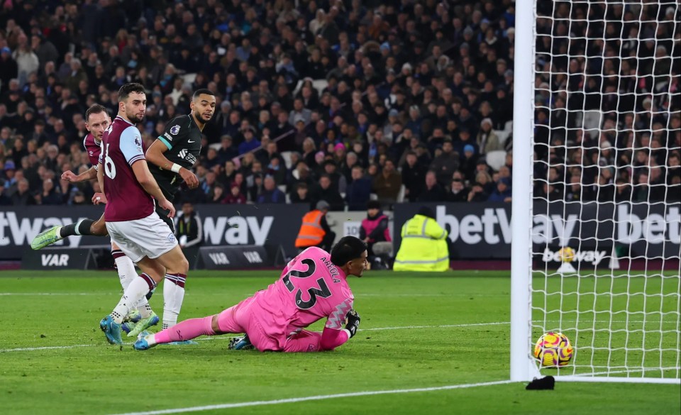 Cody Gakpo scores a goal for Liverpool.