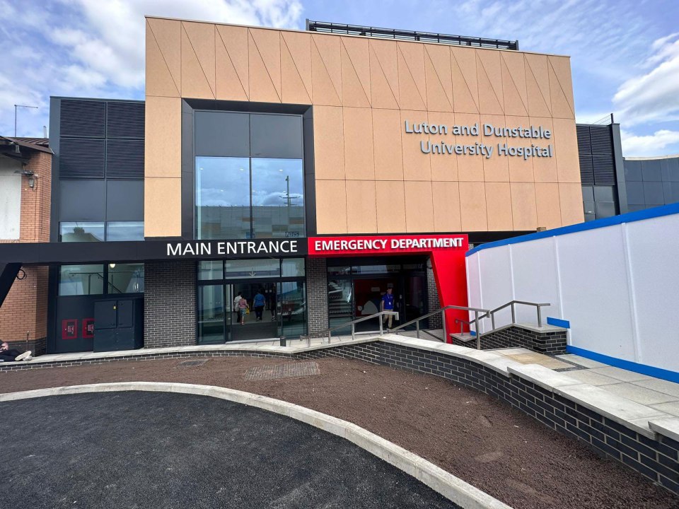 Luton and Dunstable University Hospital main entrance and emergency department.