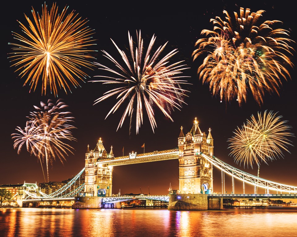 Fireworks over Tower Bridge in London.