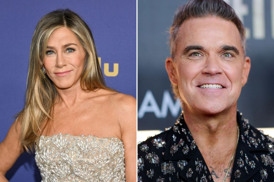 The two celebs are Jennifer Aniston and Robbie Williams