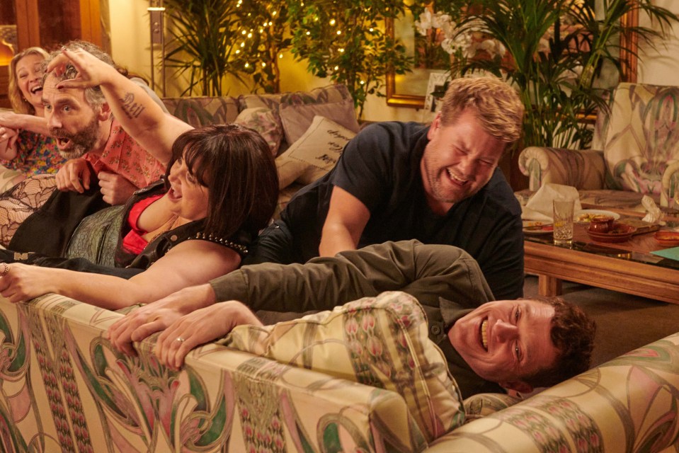 The cast of Gavin & Stacey on a sofa, laughing and playfully interacting.