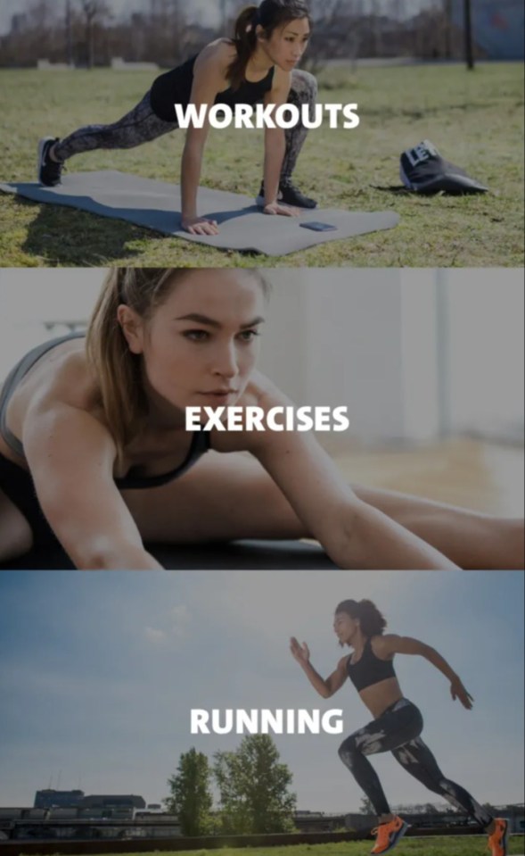 Smartphone displaying a fitness app with workouts, exercises, and running sections.