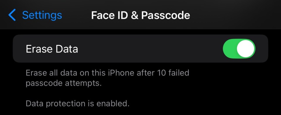 iPhone settings showing Erase Data option enabled.