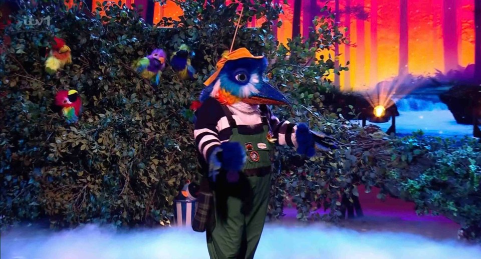 Kingfisher, a contestant on The Masked Singer, performs on stage.