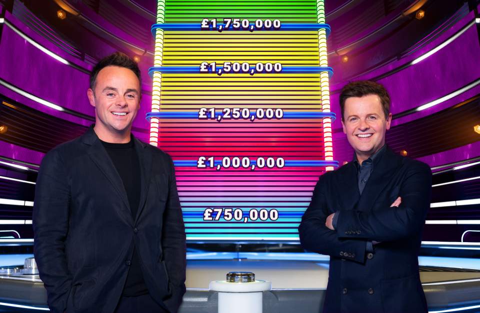 Two game show hosts stand on either side of a prize ladder.