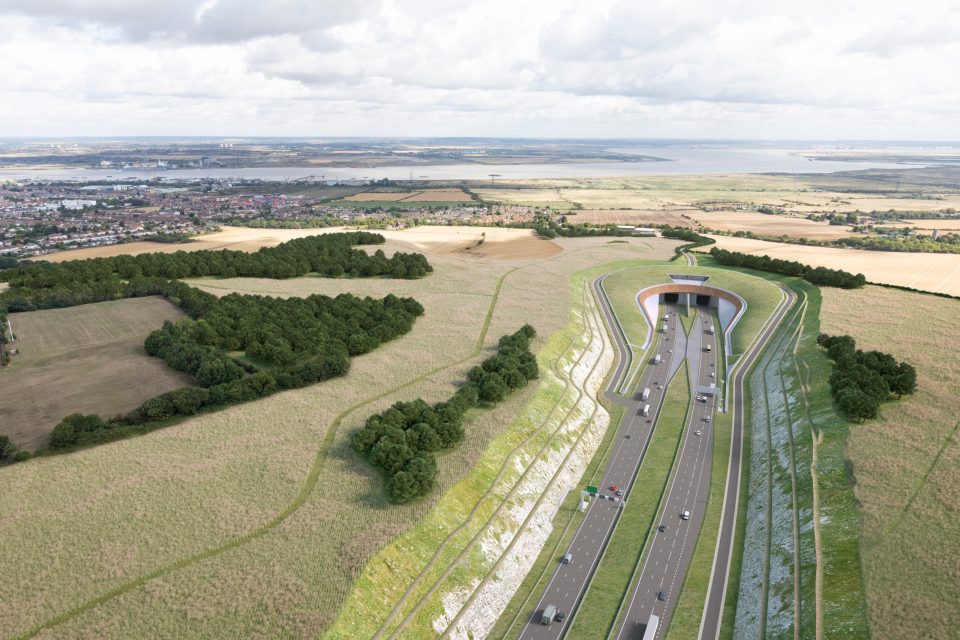 Illustration of the Lower Thames Crossing, showing a highway with tunnels under a grassy hill.