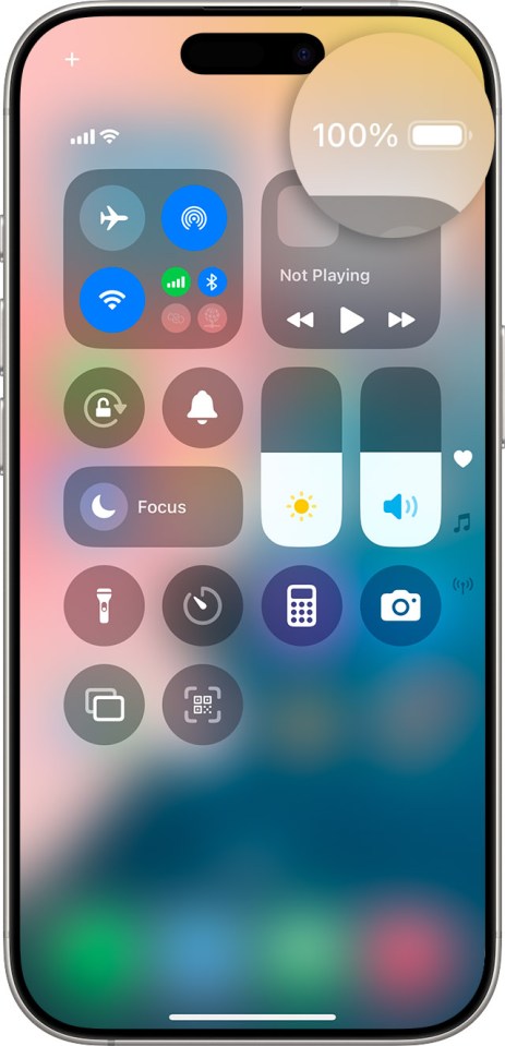 iPhone control center showing 100% battery.