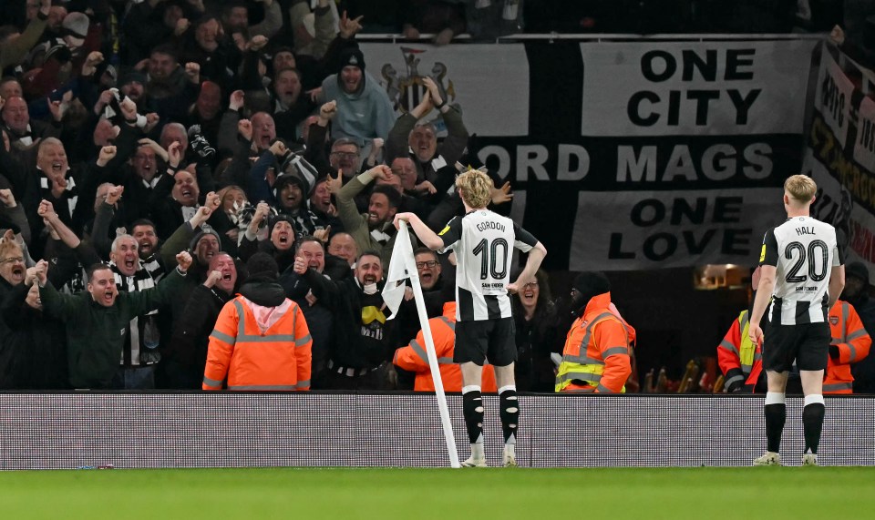 Anthony Gordon celebrates Newcastle United's second goal.