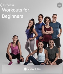 Three Fitness+ workout program previews on iPhones: pregnancy, older adults, and beginners.