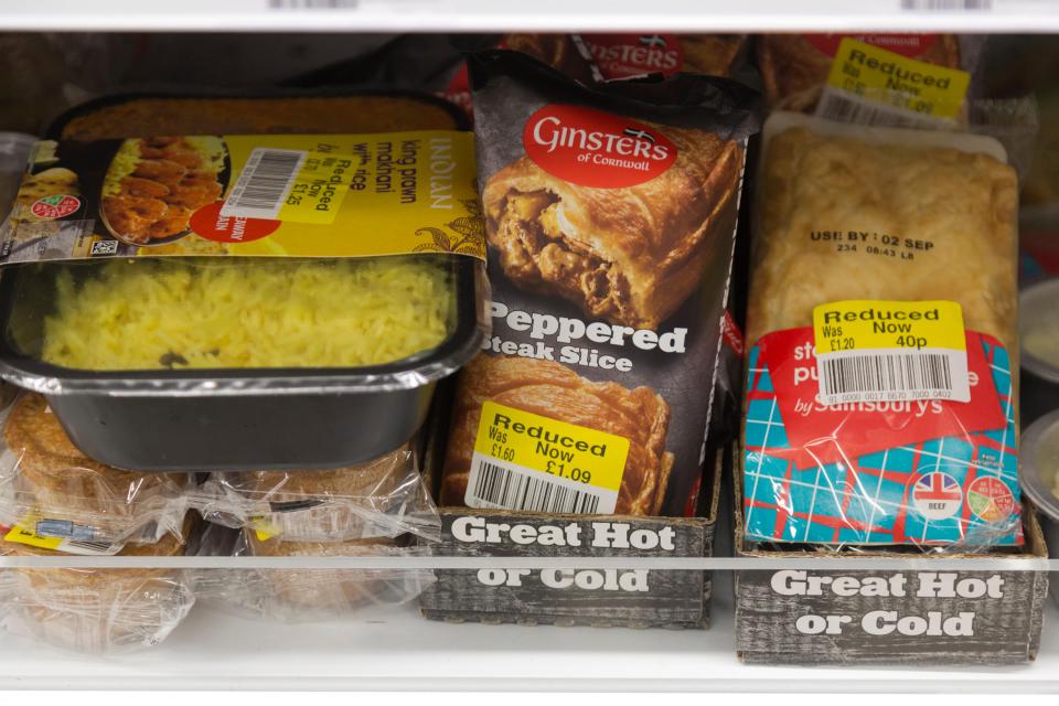 Reduced-price food items in a Sainsbury's supermarket.