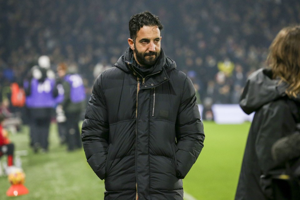 Ruben Amorim, Manchester United Head Coach, at a soccer match.