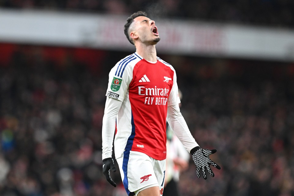 Gabriel Martinelli of Arsenal reacts to a missed chance during a Carabao Cup match.