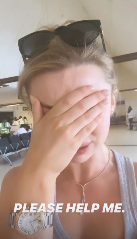 Georgia Toffolo detained at Maldives airport, distressed.