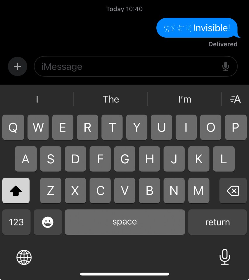 iPhone showing a text message that says "Invisible!" and an iMessage keyboard.