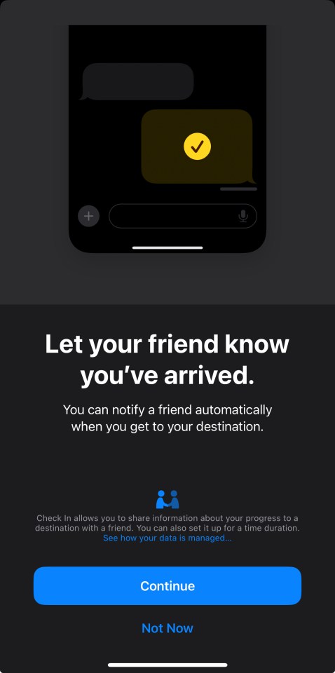 iPhone screen showing a check-in feature that lets users automatically notify a friend upon arrival at a destination.
