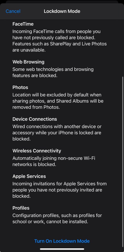 iPhone Lockdown Mode settings: FaceTime, web browsing, photos, device connections, wireless connectivity, and Apple services restrictions.