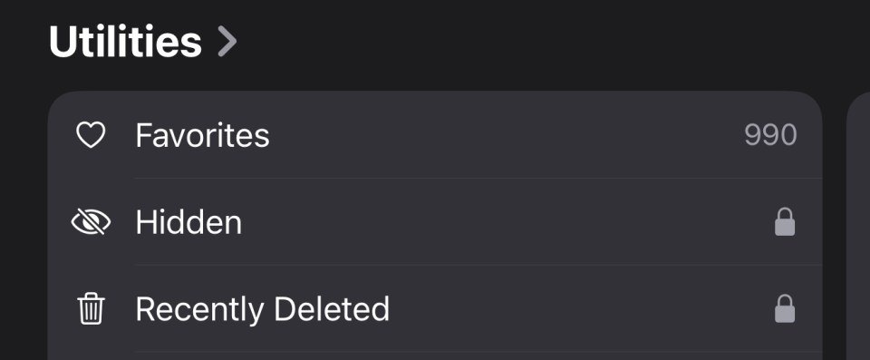 iPhone Utilities menu showing Favorites (990), Hidden, and Recently Deleted items.