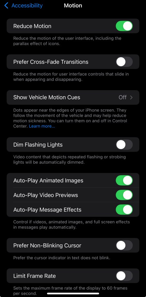 iPhone motion accessibility settings.