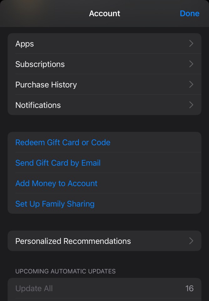 iPhone account settings showing apps, subscriptions, purchase history, notifications, gift card options, family sharing setup, and pending updates.