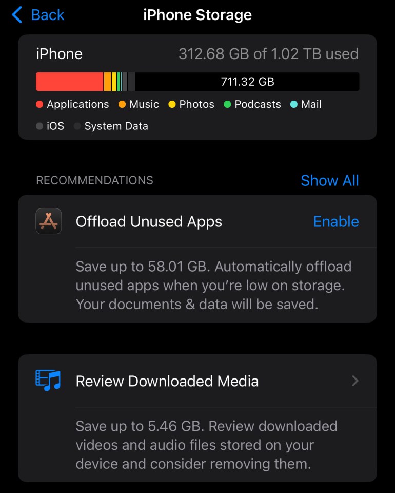 iPhone storage usage: 312.68 GB used of 1.02 TB; recommendations to offload unused apps and review downloaded media.