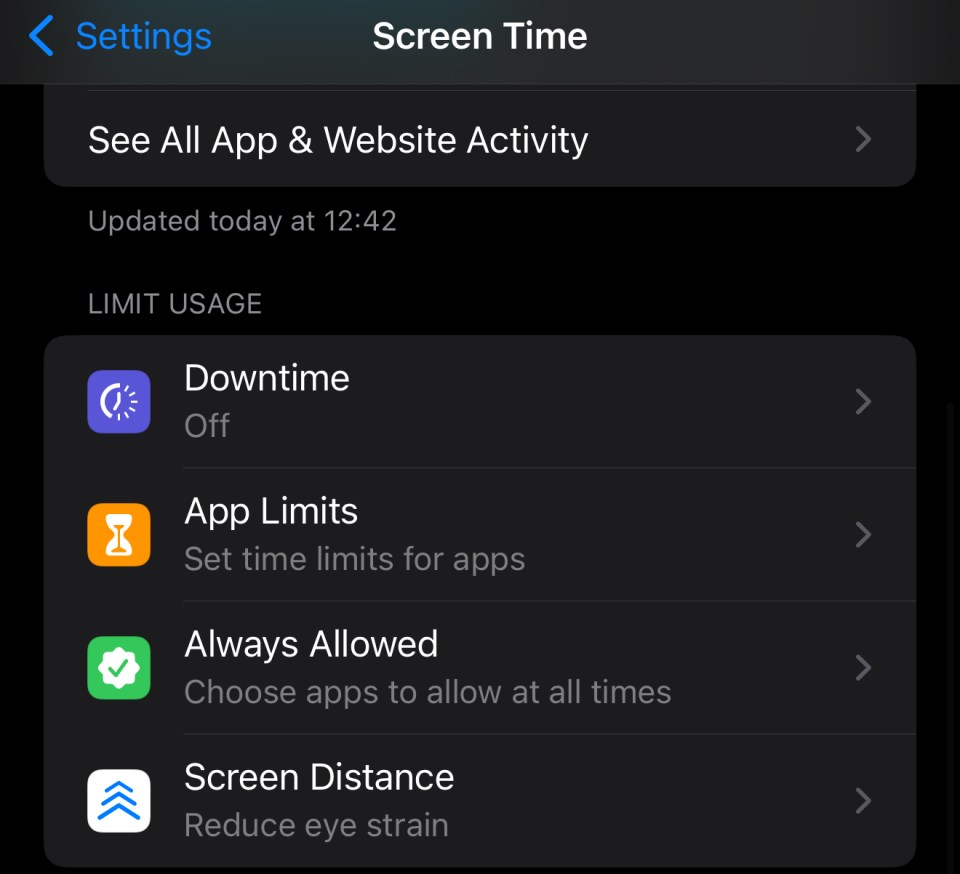 iPhone Screen Time settings: See All App & Website Activity, Downtime, App Limits, Always Allowed, Screen Distance.