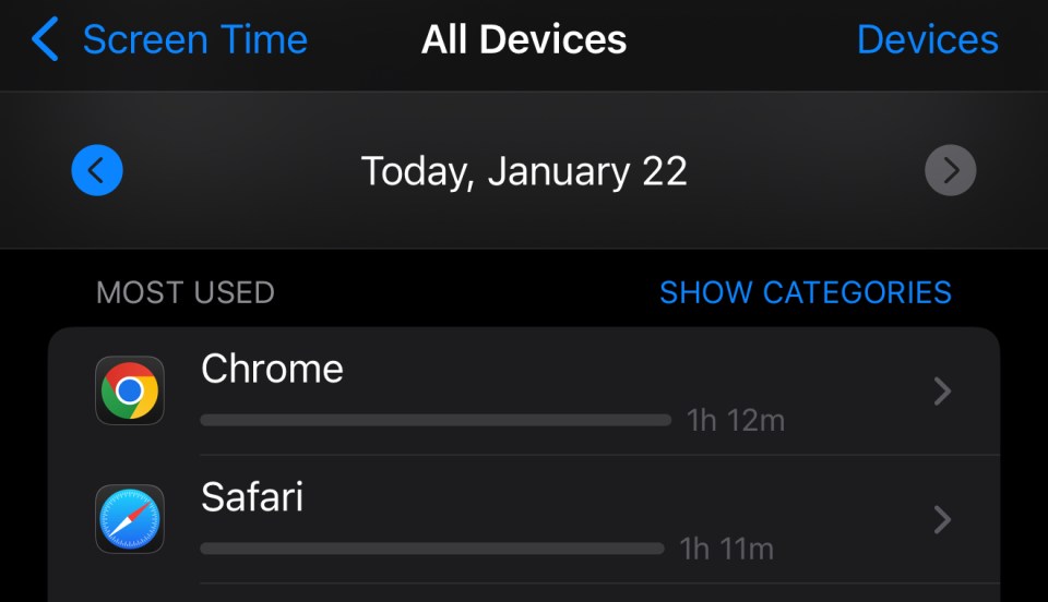 iPhone screen time showing Chrome and Safari usage.