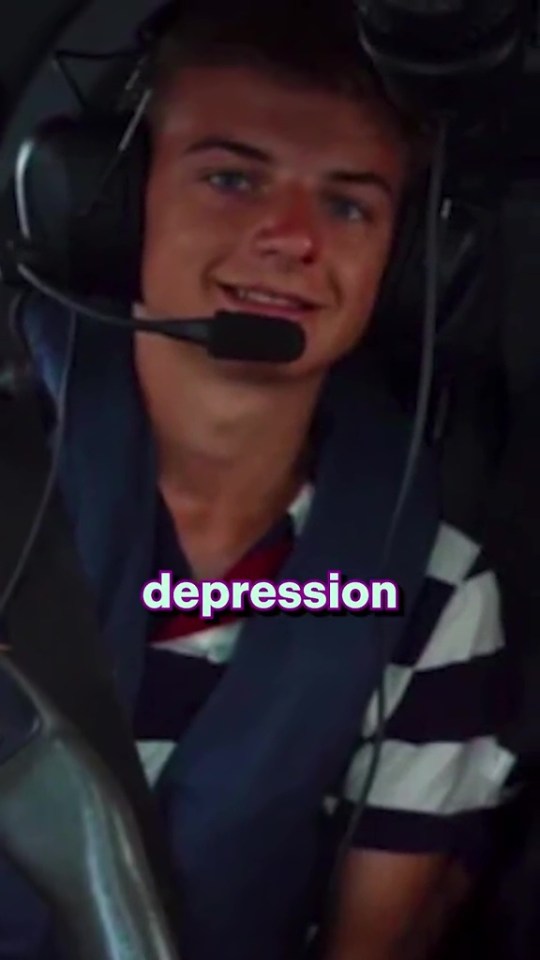 Teenager wearing headset, captioned "depression"